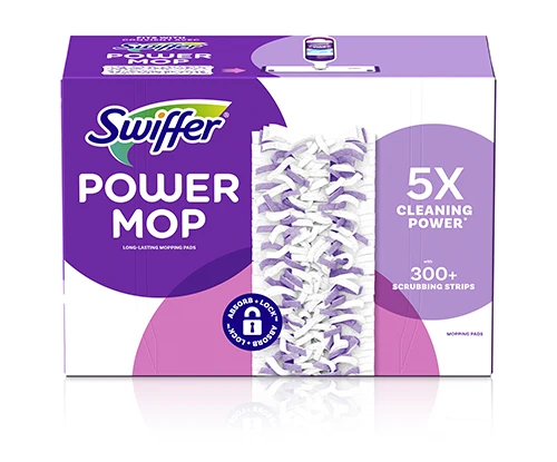 A purple and white rectangular box of Swiffer Power Mop refill wipes.