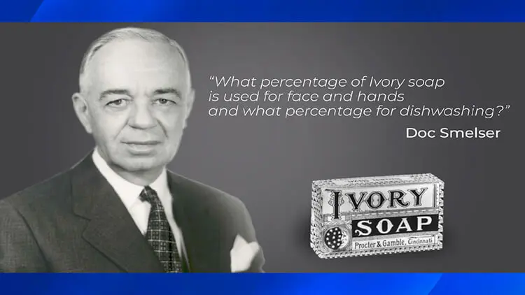 An older gentleman with short grey hair is featured in a greyscale image. Next to him is an image of a small box of Ivory Soap and a text quote.