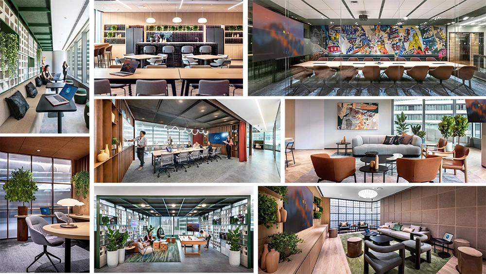 Modern office interior photos showing open meeting tables, cozy armchairs, indoor plants, and a game room.