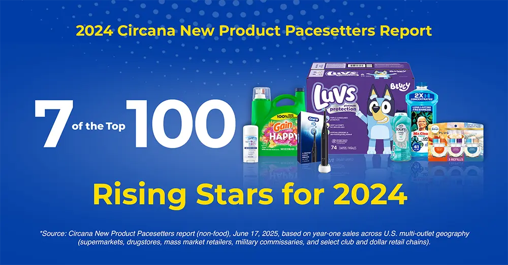 Seven different personal care and home care products against a blue background.