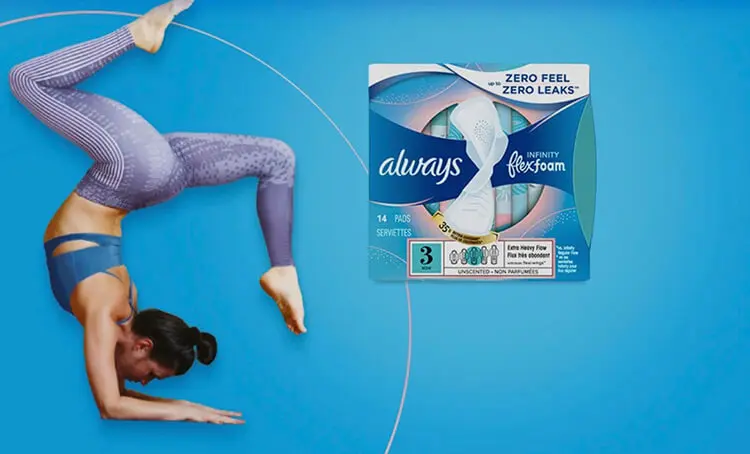 A woman in yoga attire poses against a vibrant blue background and next to a box of Always Infinity Flexfoam pads. The box of pads prominently displays the product name and features a visual representation of the Flexfoam technology.