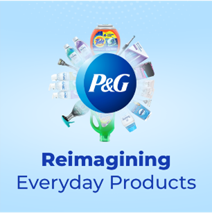 P&G logo with products and text: Reimagining Everyday Products