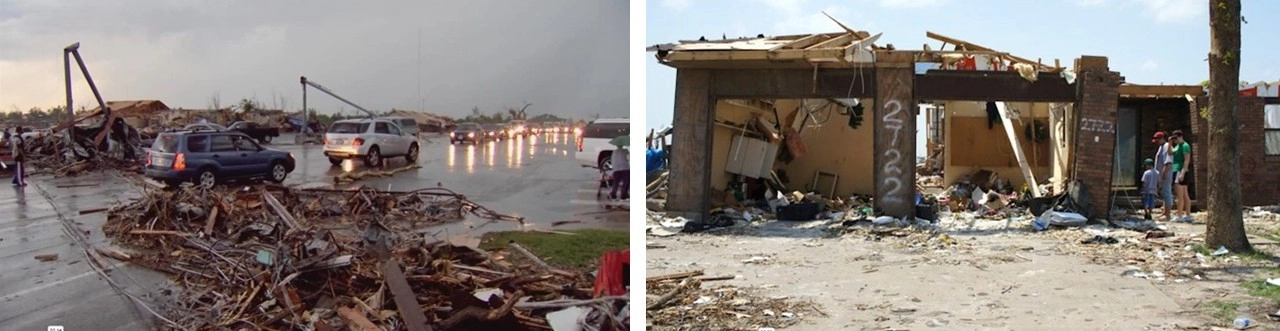 Side-by-side photos show tornado damage in Joplin, Missouri: debris scattered across a road with damaged vehicles, and a destroyed building with rubble and people nearby.)