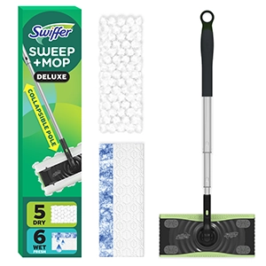 A green and black mop with a collapsible pole, along with its packaging, dry cloths, and wet cleaning pads, all displayed against a white background.