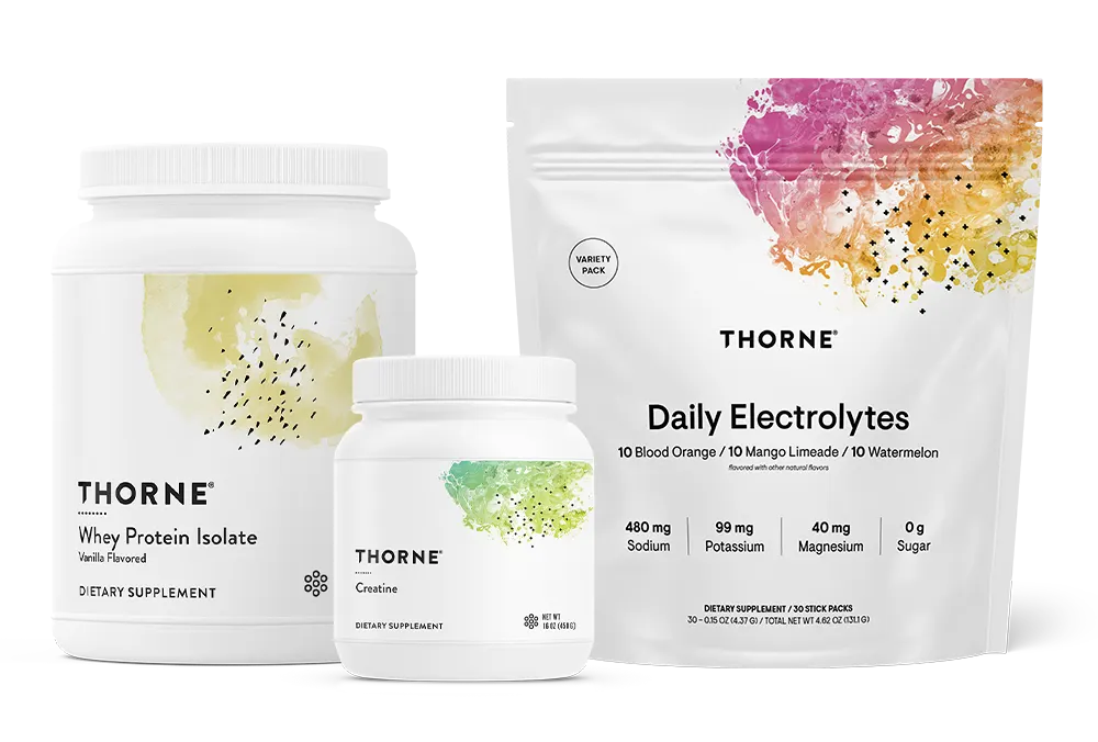 From left to right: Thorne Whey Protein Isolate, Creatine, Daily Electrolytes