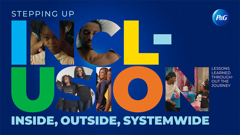 Large block letters are set against a dark blue backdrop. They feature the word Inclusion, and images of black men and women are cut into several of the letters.
