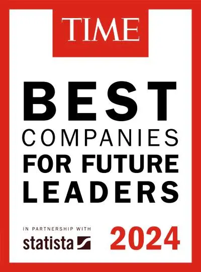 A bright red border frames white, red and black text that says "Time Best Companies for Future Leaders."