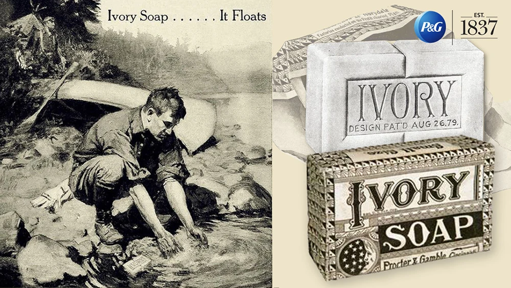 A black and white advertisement from the 1800s features a man crouched at a river's edge with a bar of Ivory Soap floating nearby. An enlarged image of an Ivory Soap bar and packaging are displayed on the right.
