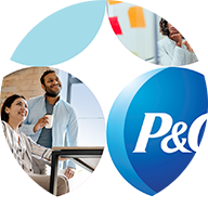 A person in a white shirt with colorful sticky notes in the background; the "P&G" logo; and two people in an office setting, one seated and the other standing, looking upwards; and a solid light blue partial circle.