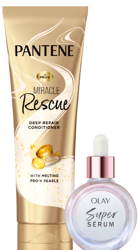 Pantene Miracle Rescue conditioner (gold squeeze tube) and Olay Super Serum (small glass bottle)