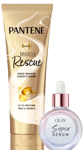 Pantene Miracle Rescue conditioner (gold squeeze tube) and Olay Super Serum (small glass bottle)