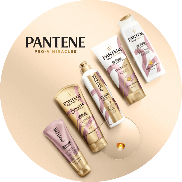 Display of several packages of different kinds of Pantene conditioner & Woman shown from the back applying Pantene conditioner to her long hair 