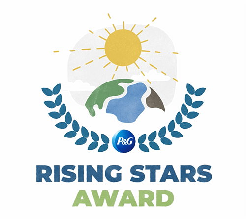 Illustration of the sun and clouds over the Earth; underneath is the P&G logo with blue leaves on either side. Text reads, "rising stars award."