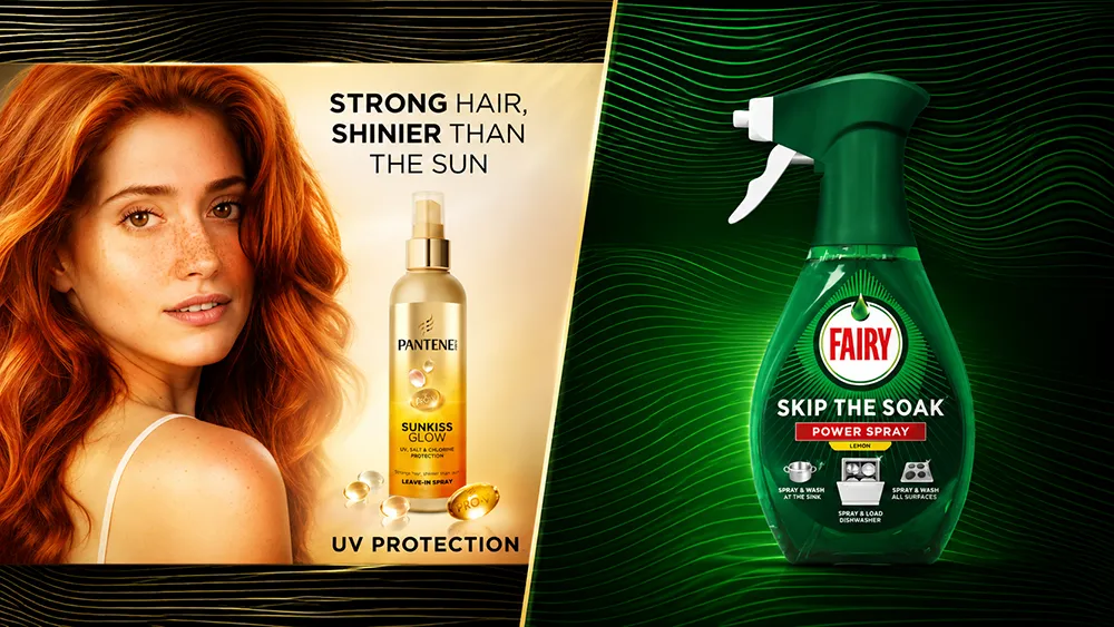 A split image featuring a woman with red hair and a hair product with UV protection on the left, and a green dish soap spray bottle on the right.