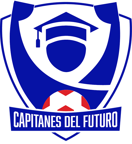 Animated logo of Capitanes del Futuro program features a blue character with arms raised and a red and white soccer ball.