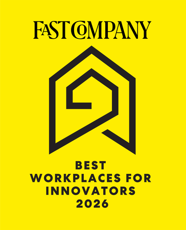 A yellow rectangular logo with black text that says “Fast Company best workplaces for innovators 2026.”