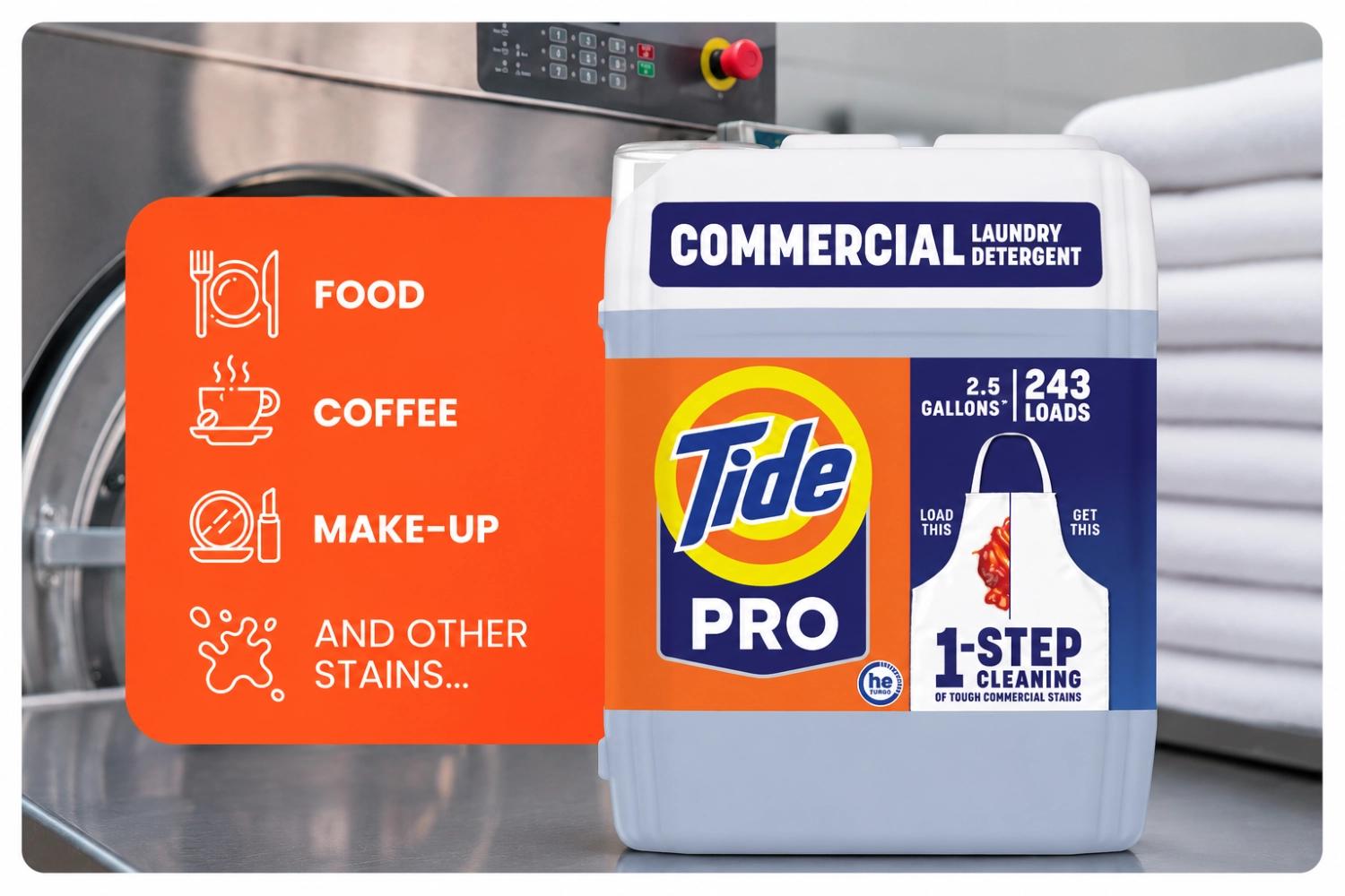 A large orange and square container of laundry detergent, with a graphic showing it cleans food, coffee, makeup, and other tough stains.