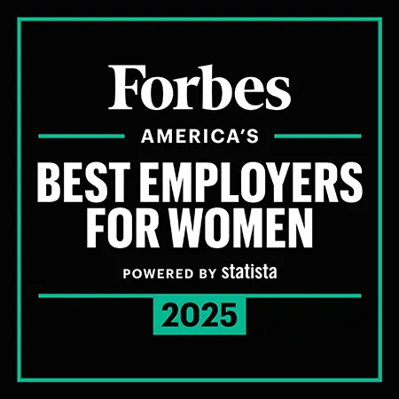 A black square with white text that says “Forbes America’s best employers for women. Powered by Statista. 2025.”