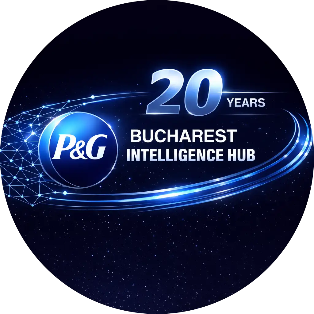 A P&G logo appears alongside the text "20 years Bucharest Intelligence Hub" with glowing blue lines, celebrating two decades of operations.