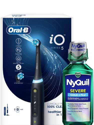 Oral-B iO Series 5 power toothbrush (carton) and Vicks NyQuil SEVERE Cold & Flu (green liquid bottle)