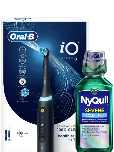 Oral-B iO Series 5 power toothbrush (carton) and Vicks NyQuil SEVERE Cold & Flu (green liquid bottle)