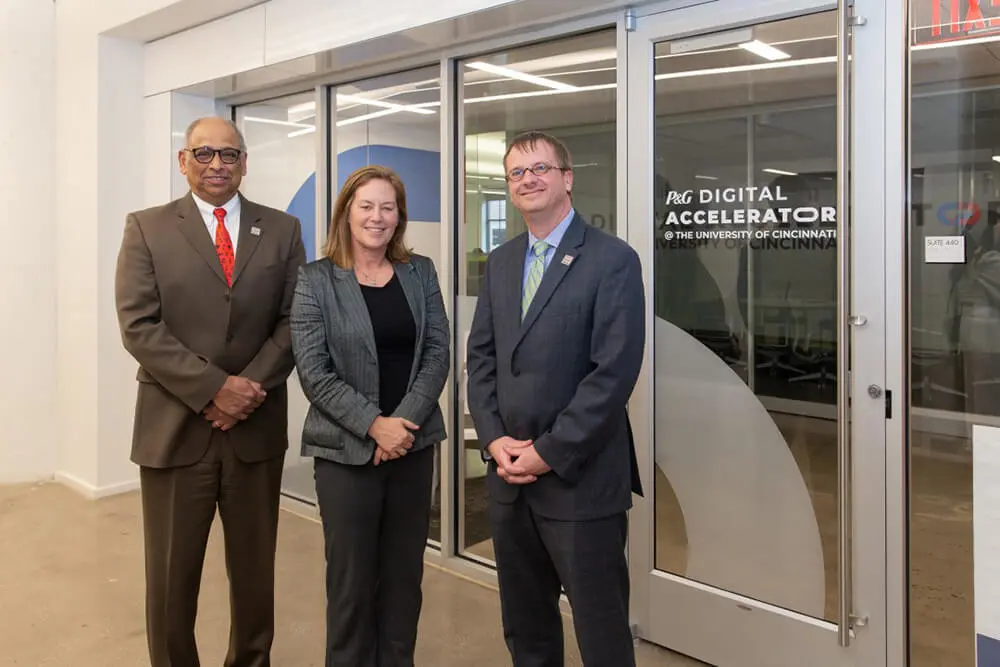 From left to right: UC President, Neville G. Pinto; P&G Senior VP of Corporate R&D, Lee Ellen Drechsler; Executive Vice President and Chief Innovation & Strategy Officer the University of Cincinnati, Ryan Hays