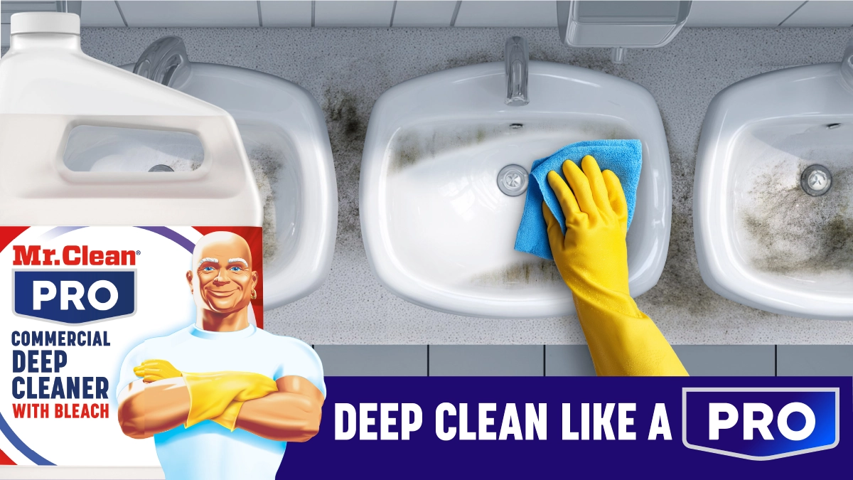 A large bottle of commercial deep cleaner with bleach is shown next to a public restroom. A yellow-gloved hand cleans a dirty sink, demonstrating professional-level cleaning.