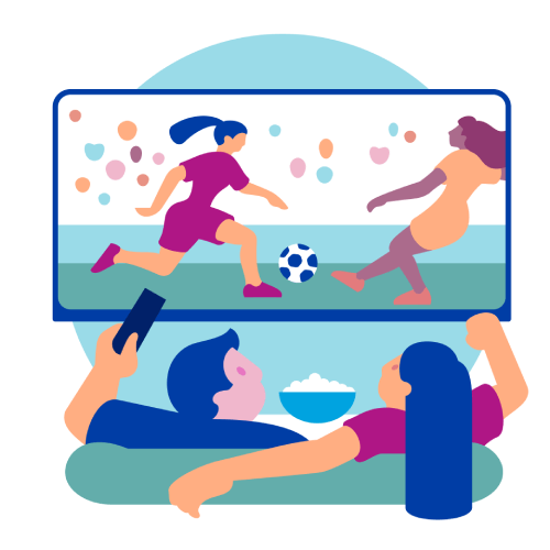 Televizyonda kadın futbol maçını izleyen iki kişinin çizimi