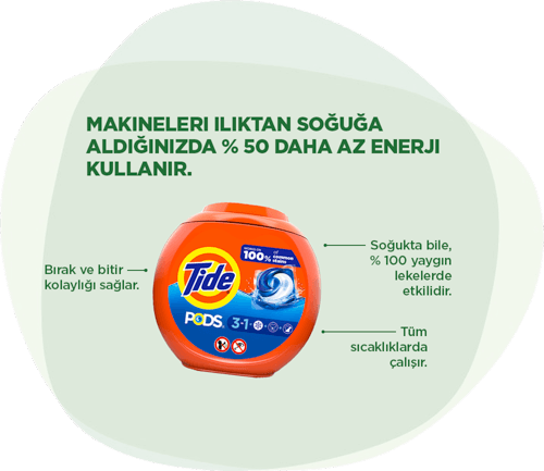 Tide PODS: 'Tambura at ve yıka' kolaylığı sunar. Tüm lekelerde düşük su sıcaklıklarında bile mükemmel sonuç verir. Soğuk su kullanımı enerji tüketimini %50 azaltır. Kutusu, %70’in üzerinde geri dönüştürülmüş elyaftan üretilir, %100 geri dönüştürülebilir.