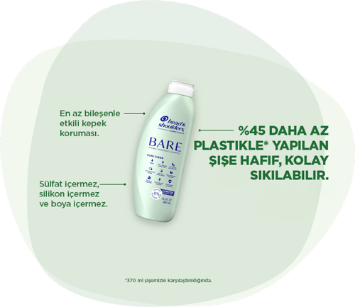 Head & Shoulders BARE: En az bileşenle etkili kepek koruması. Sülfat içermez, silikon içermez ve boya içermez. %45 daha az plastikle* yapılan şişe hafif, kolay sıkılabilir. *370 ml şişemizle karşılaştırıldığında.