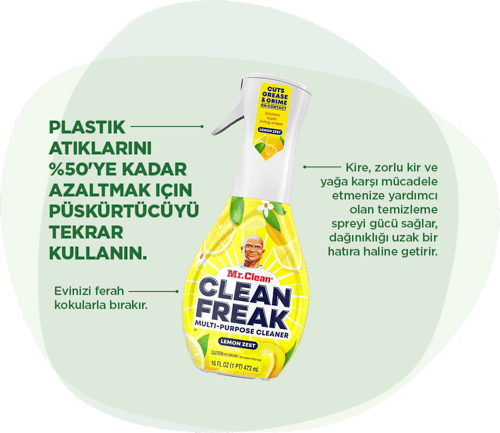 Clean Freak Çok Amaçlı Temizleyici: Püskürtme başlığının tekrar kullanımıyla plastik atığınızı %50'ye kadar azaltır. Evinizde tertemiz, ferah bir koku bırakır. Kir, inatçı lekeler ve yağla başa çıkmanızı sağlayan güçlü bir temizlik performansı sunar.