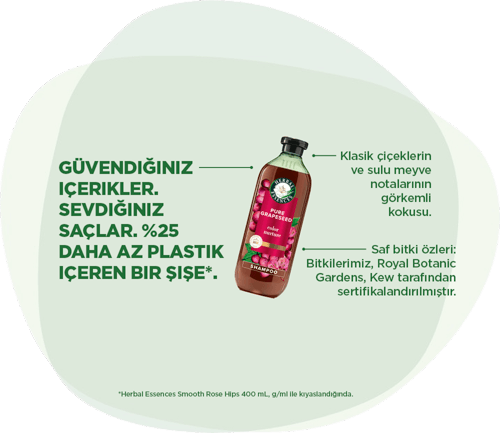 Güvendiğiniz içerikler. Seveceğiniz saçlar. %25 daha az plastik içeren bir şişede*. Klasik çiçekler ve sulu meyve notalarının kokusu. Bitkilerimiz Royal Botanic Gardens, Kew tarafından sertifikalandırılmıştır.*HE Smooth Rose Hips 400 mL ile kıyaslandığında