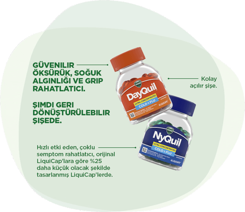DayQuil & NyQuil: Güvenilir öksürük, soğuk algınlığı ve grip rahatlatıcı. Şimdi geri dönüştürülebilir şişede. Hızlı etki eden, çoklu semptom rahatlatıcı, orijinal LiquiCap'lara göre %25 daha küçük olacak şekilde tasarlanmış LiquiCap'lerde.Kolay açılır şişe