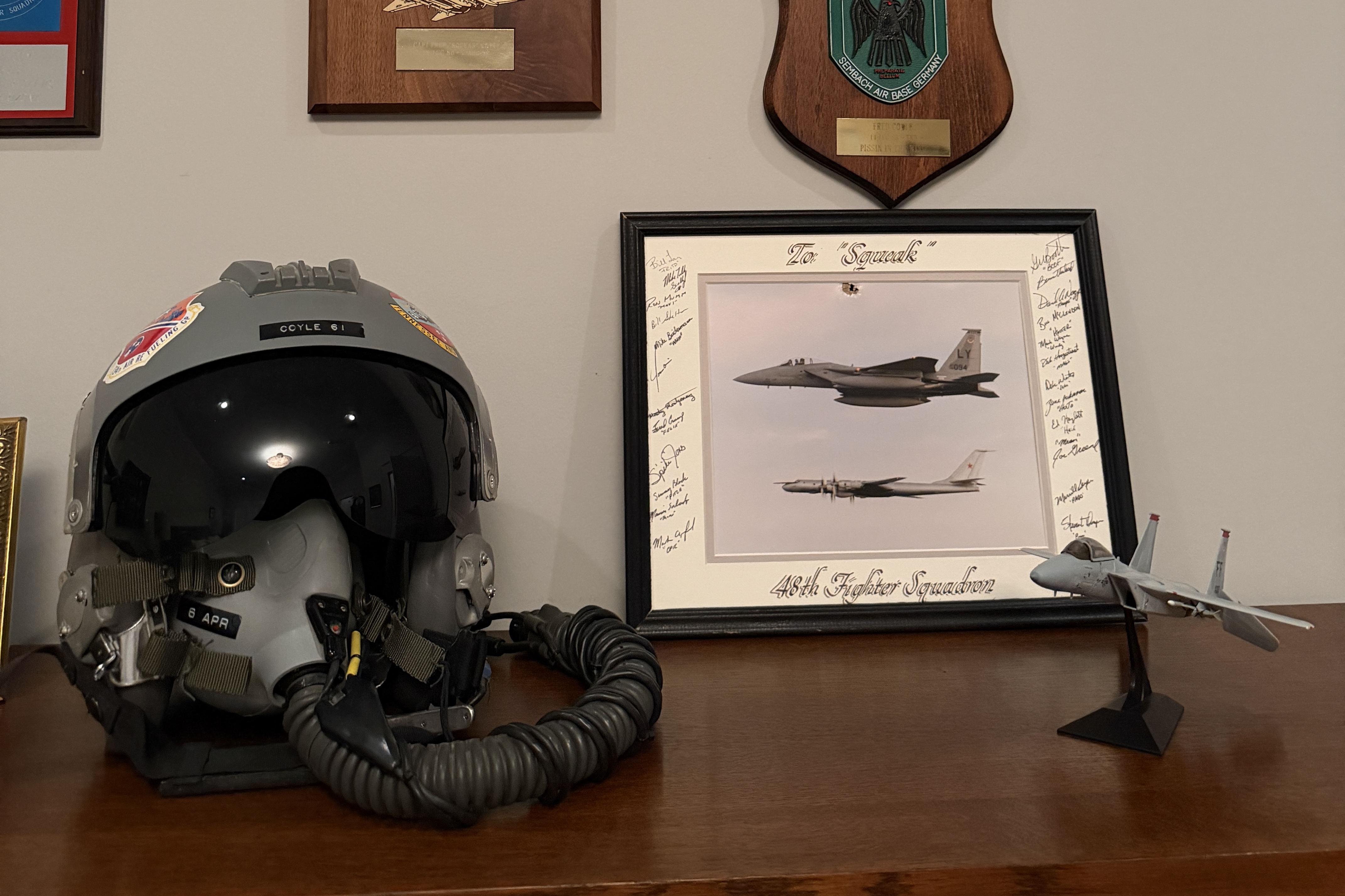 A flight helmet and 46th Fighter Squadron memorabilia from Fred Coyle's U.S. Air Force career.