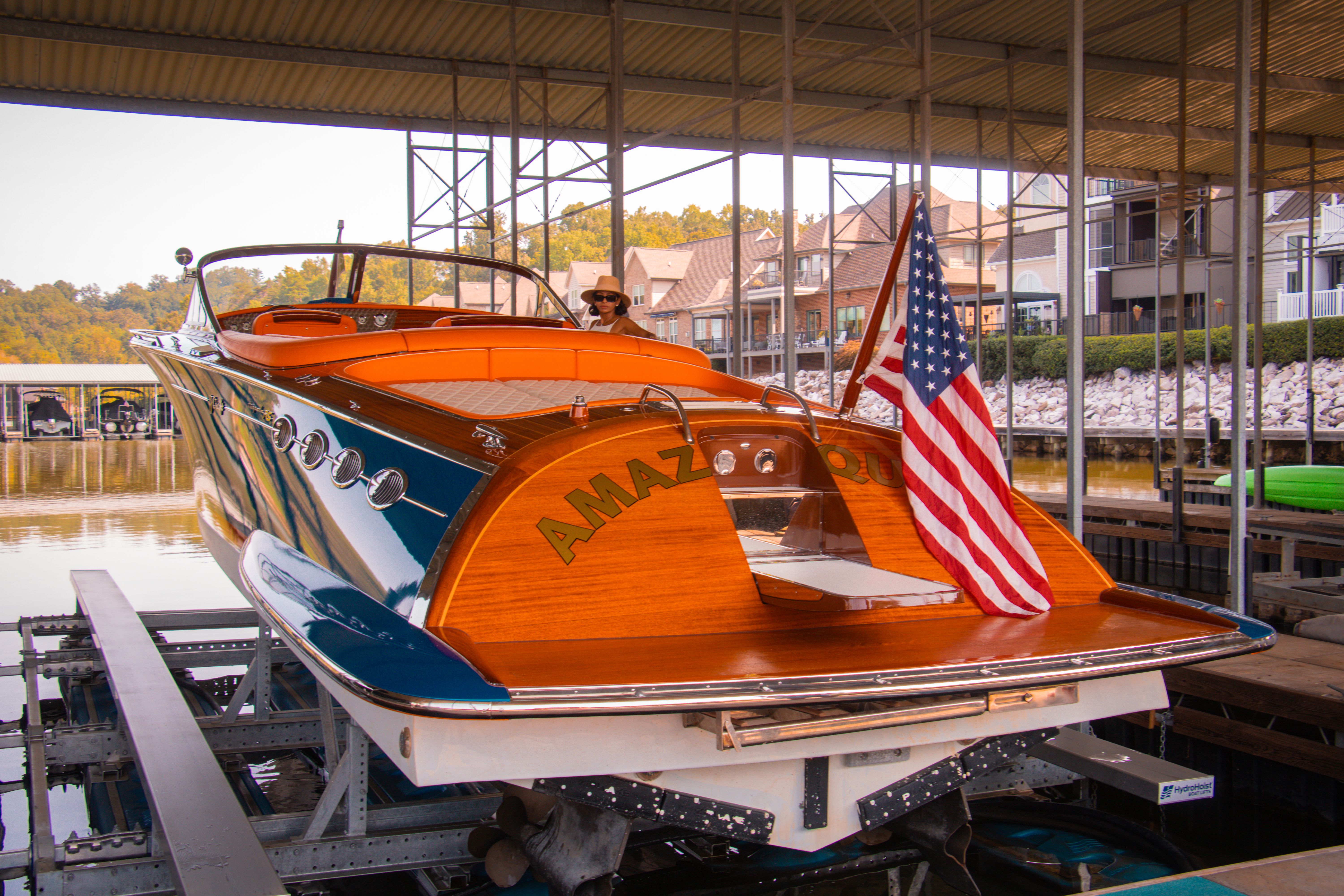 Amazon Queen on her lift beneath a covered berth in Tennessee.