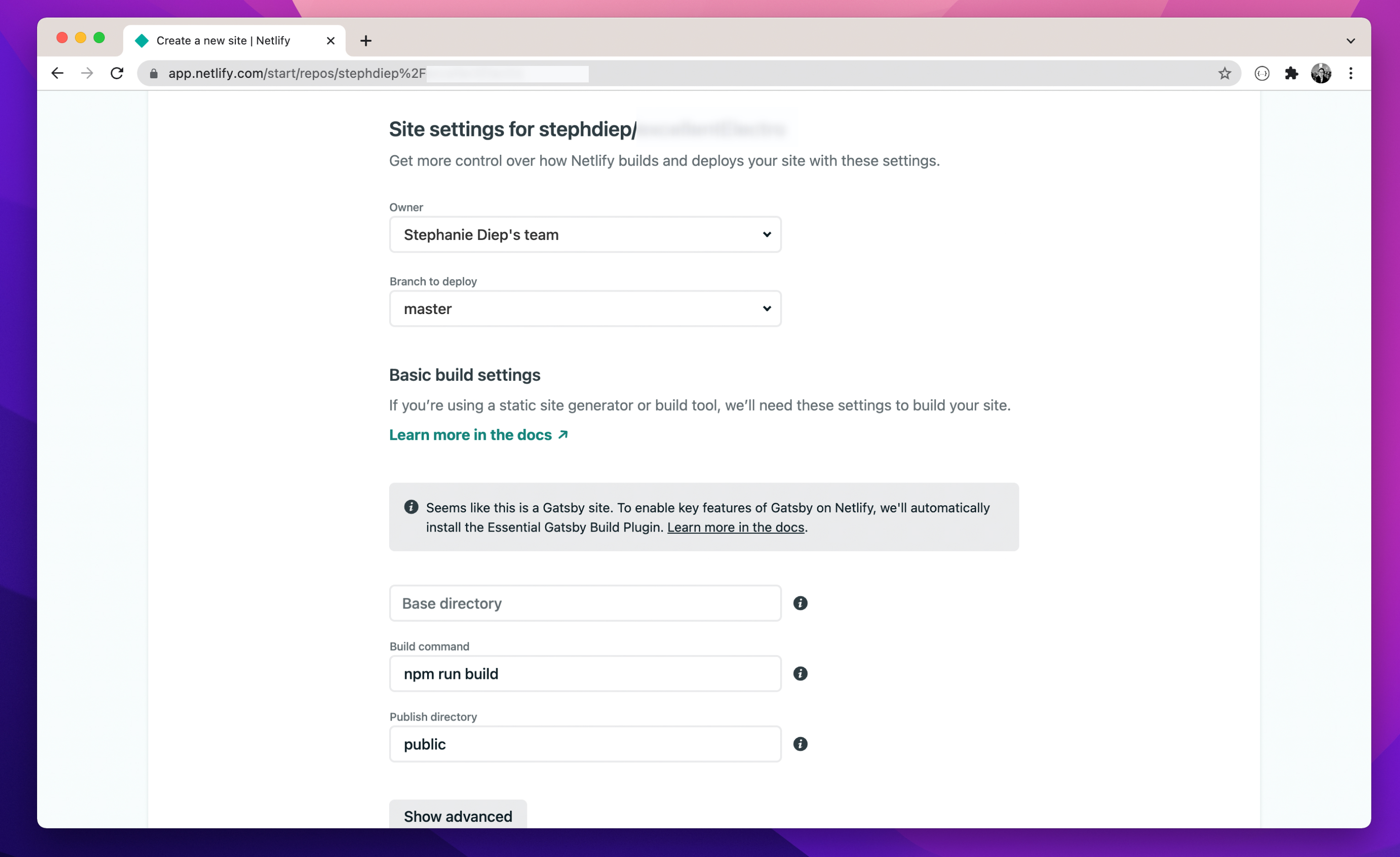 Pick a repository on Netlify