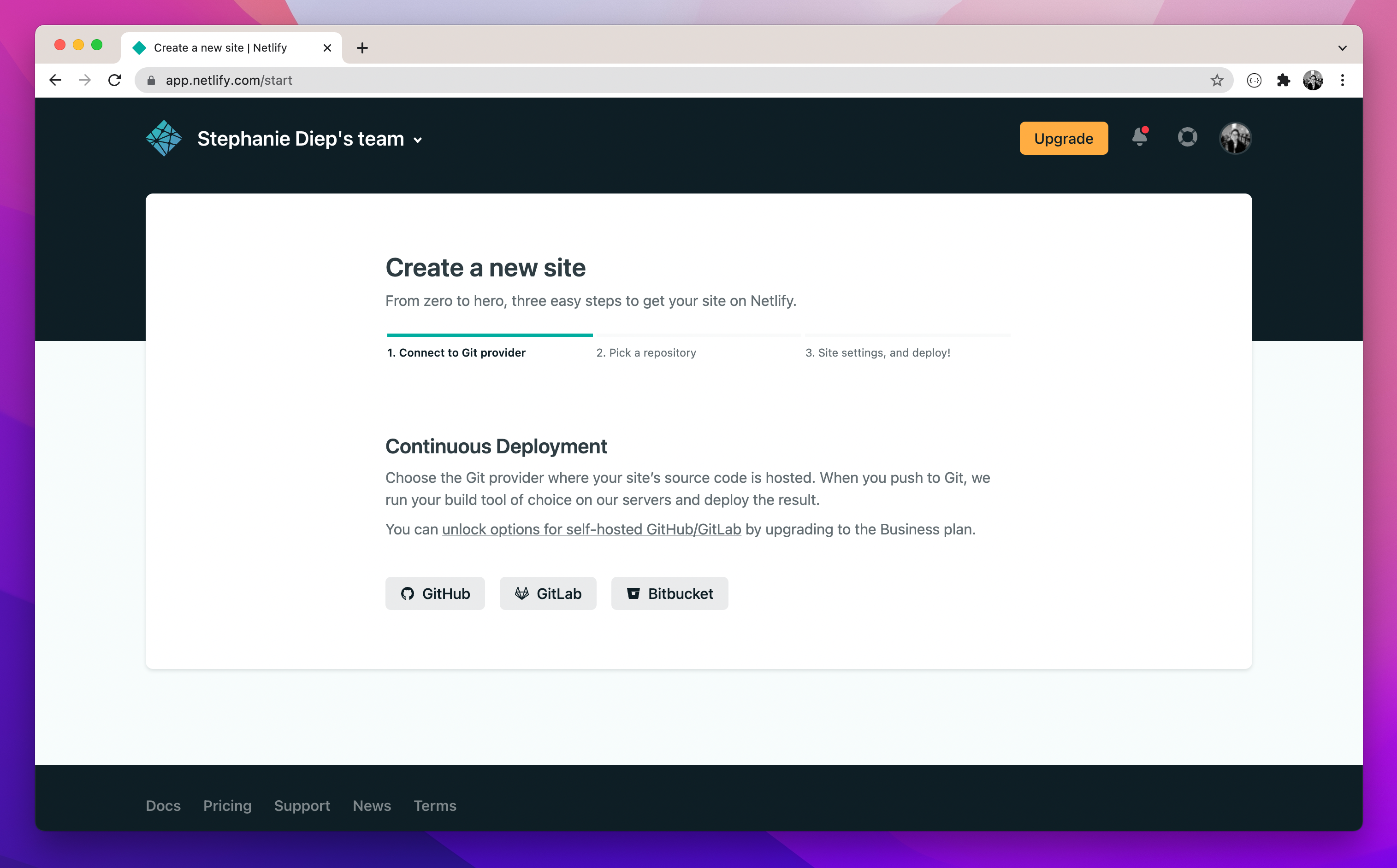 Create a new Netlify site steps