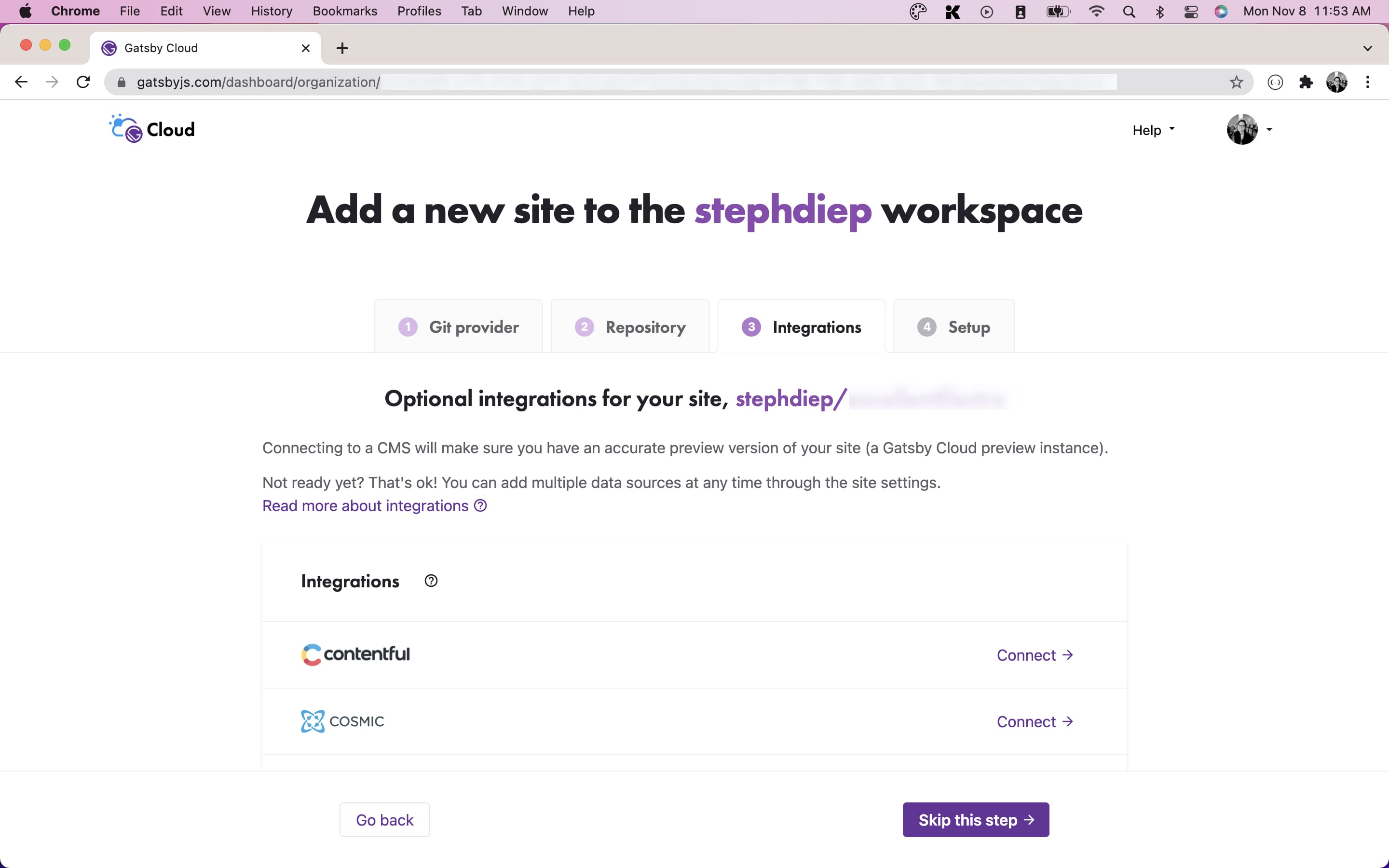 Gatsby Cloud - Add a new site - Integrations