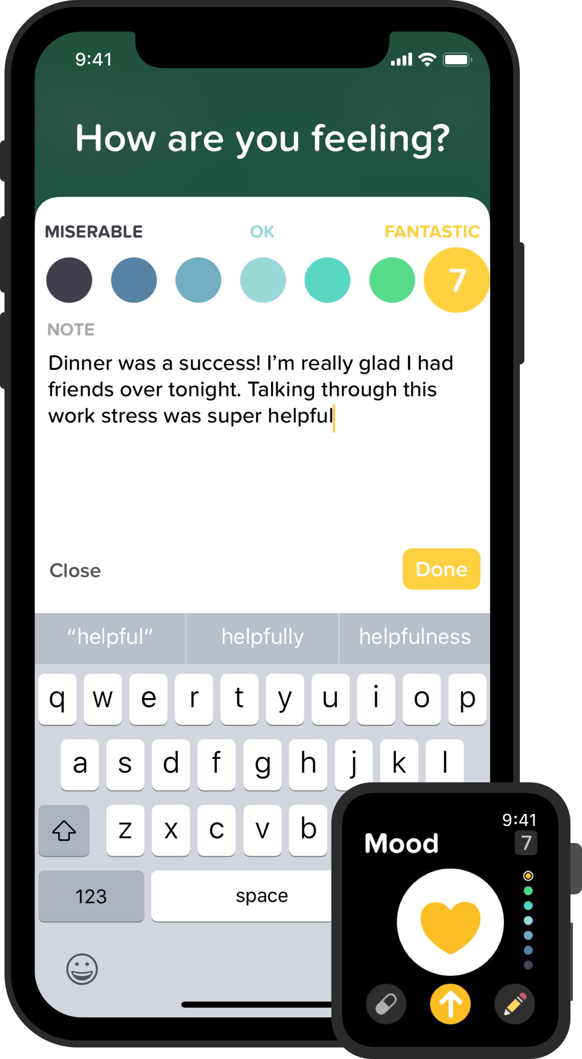 iPhone & Apple Watch mockup of mood logging