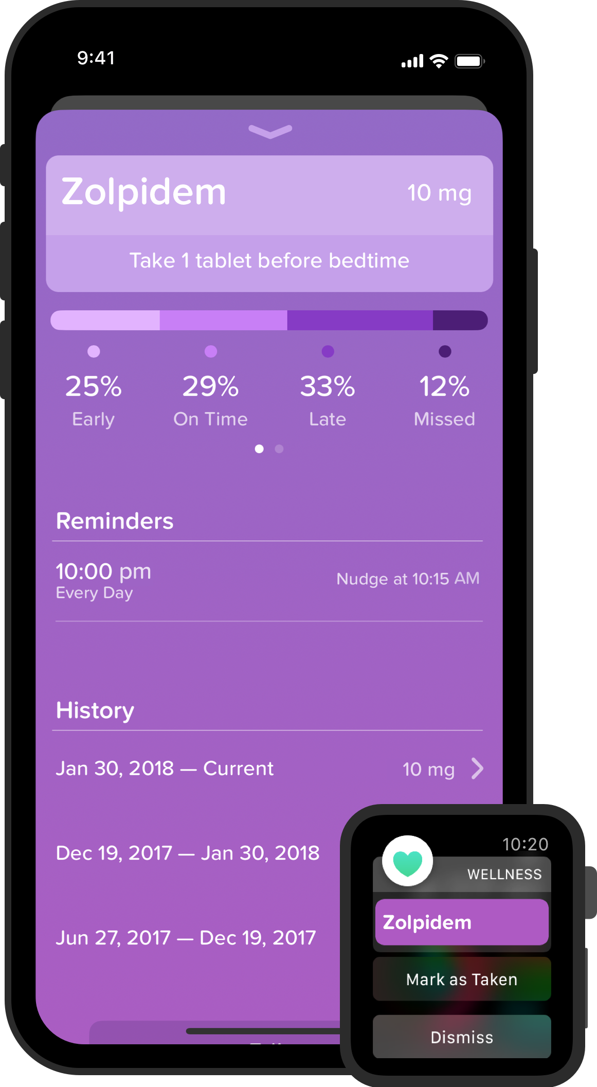 iPhone and Apple Watch mockup of Pillbox Detail