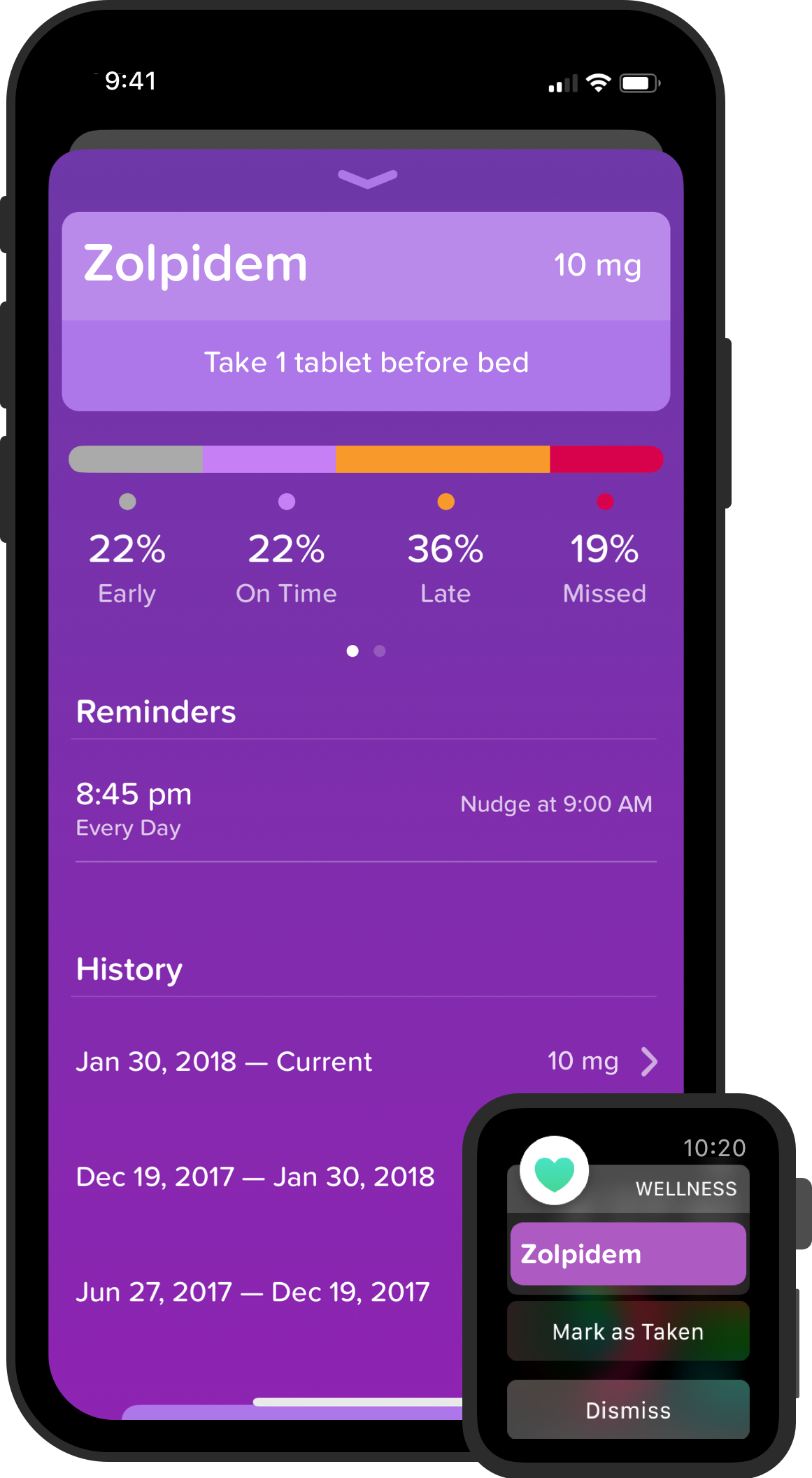 iPhone and Apple Watch mockup of Pillbox Detail
