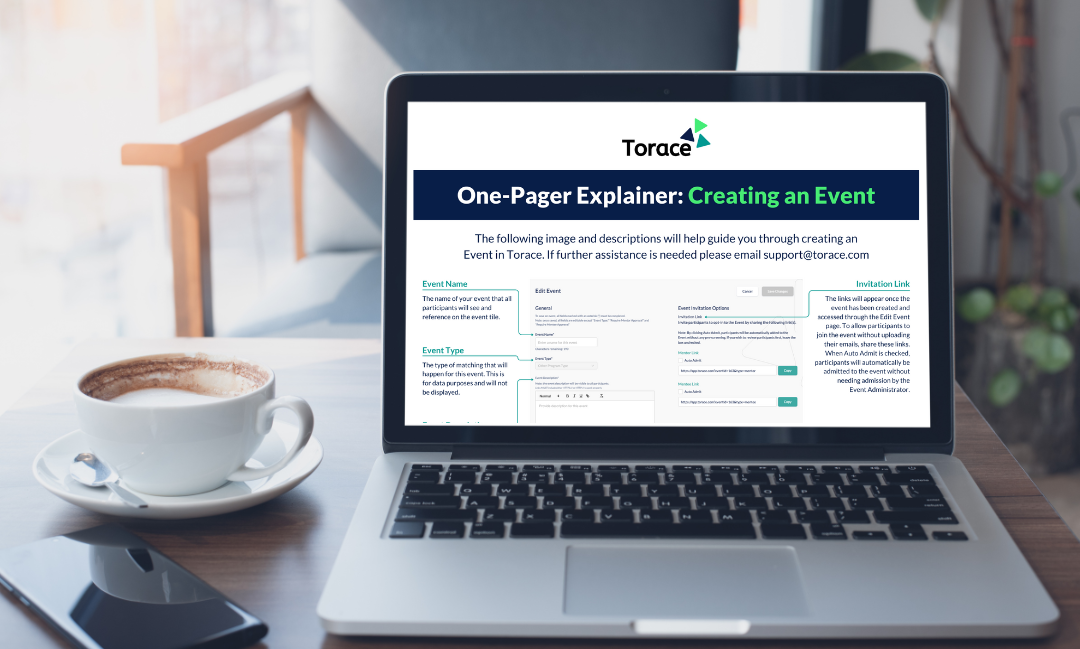 Laptop with Torace One-Pager Explainer: Creating an Event on the screen
