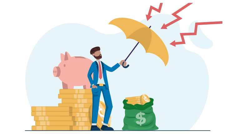 Illustration of man holding up an umbrella against red lightening bolts to protect his money underneath