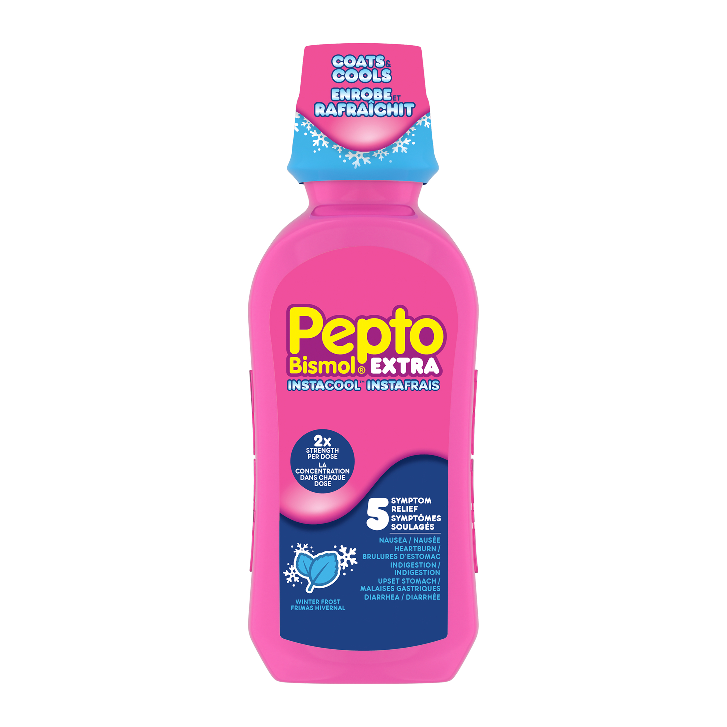 Un rose bouteille de Pepto-Bismol Ultra Instacool liquide medication, présentant bleu branding et un "Winter Frost" saveur étiquette.