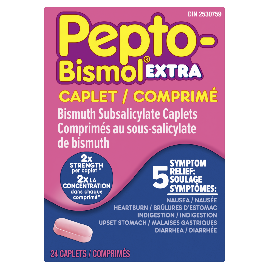 Pepto-Bismol Extra Caplets boîte, rose et bleu, Bismuth Subsalicylate, 2x concentration, soulagement de 5 symptômes, 24 caplets.