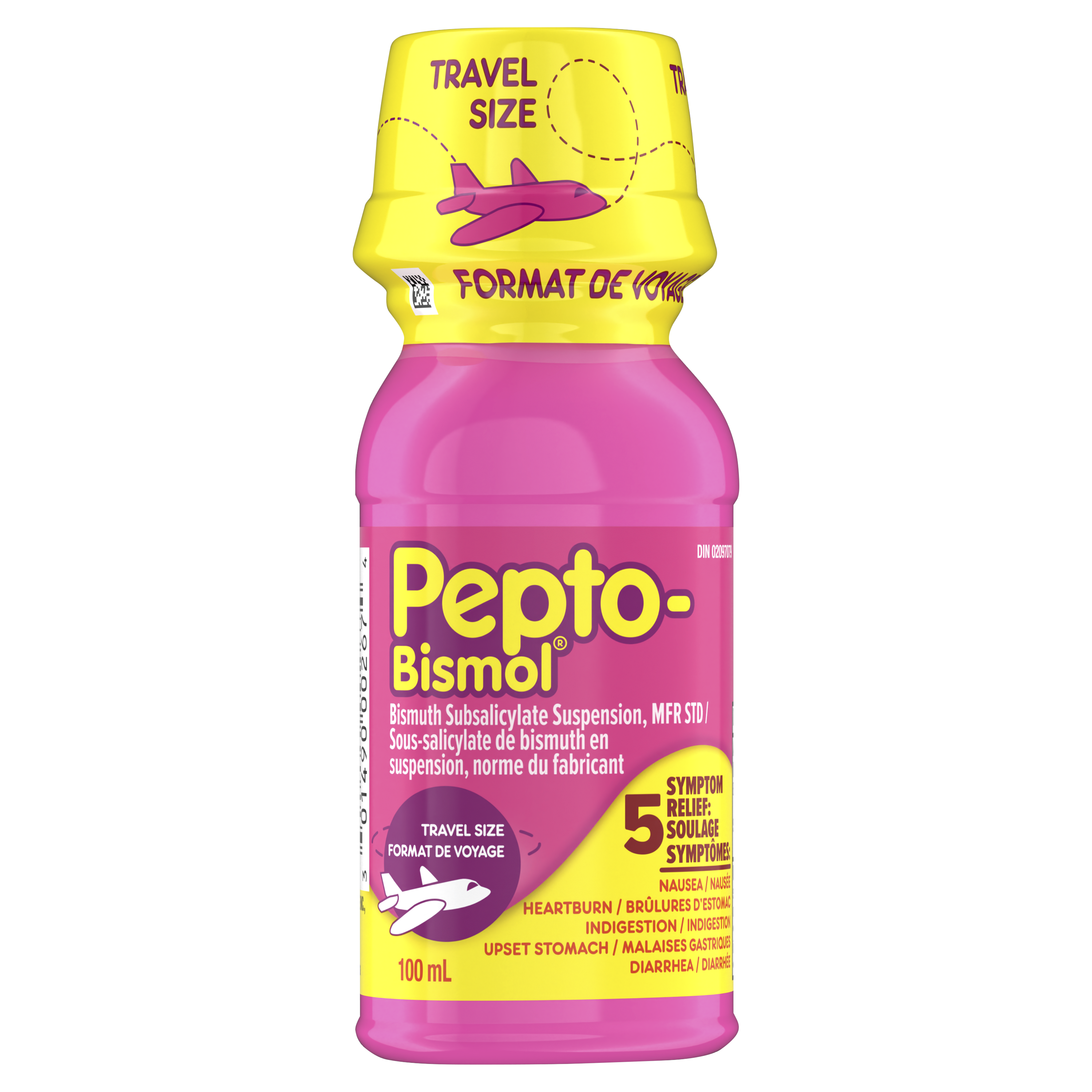 Pepto-Bismol voyage format 100mL rose bouteille avec jaune bouchon, offrant soulagement de 5 symptômes pour nausée, brûlures d’estomac, et diarrhée.