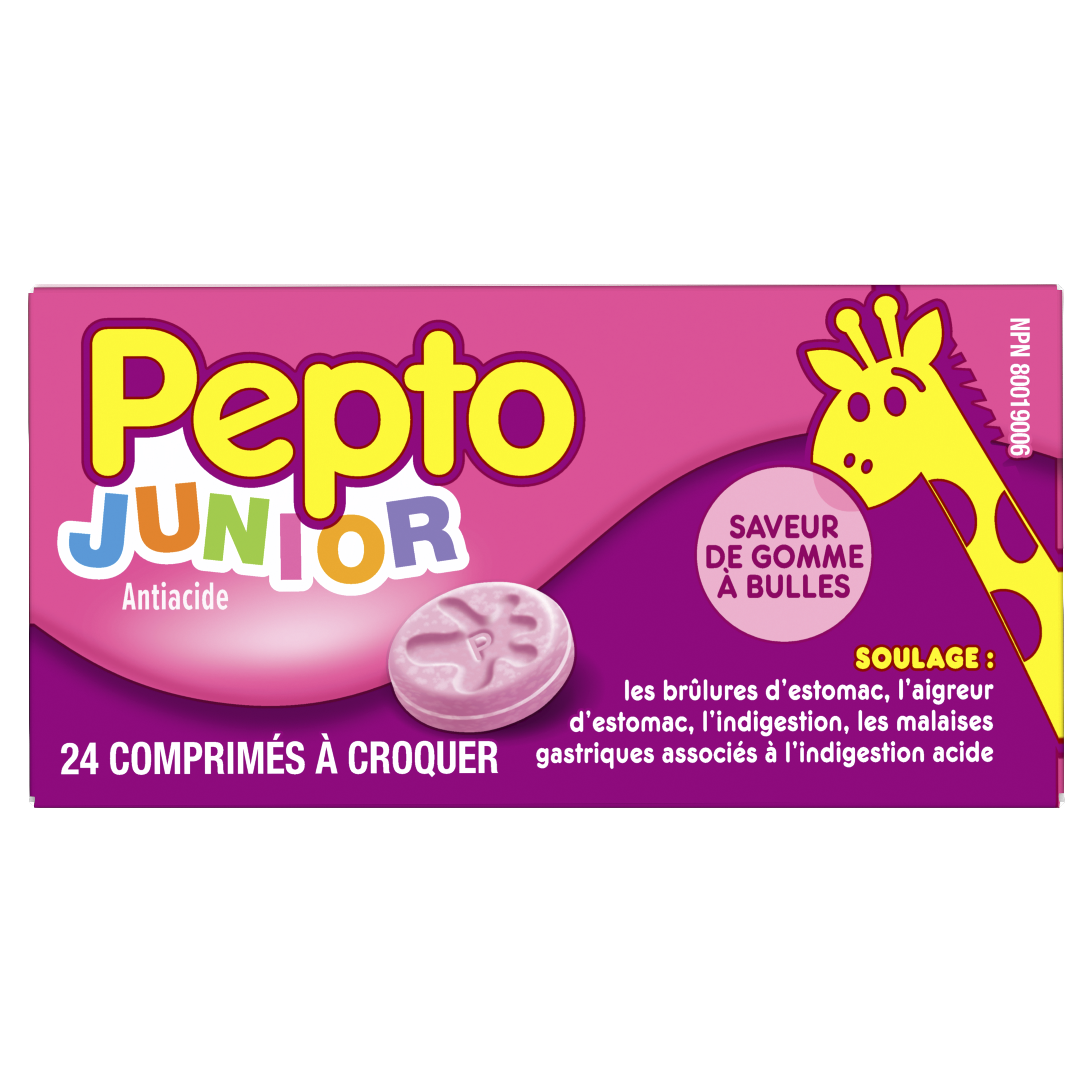 Pepto Junior antiacide comprimés à croquer boîte, rose avec un jaune girafe, bubble gum saveur, 24 comprimés.