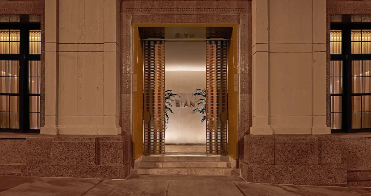 Shot of the street entrance of Bian private members' club in Chicago at night.