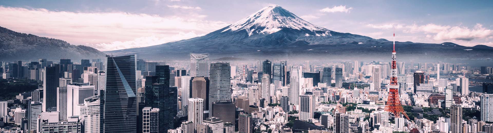 The sprawling city of Tokyo lies before the famous Mount Fuji, with more skyscrapers than you can count in the foreground.