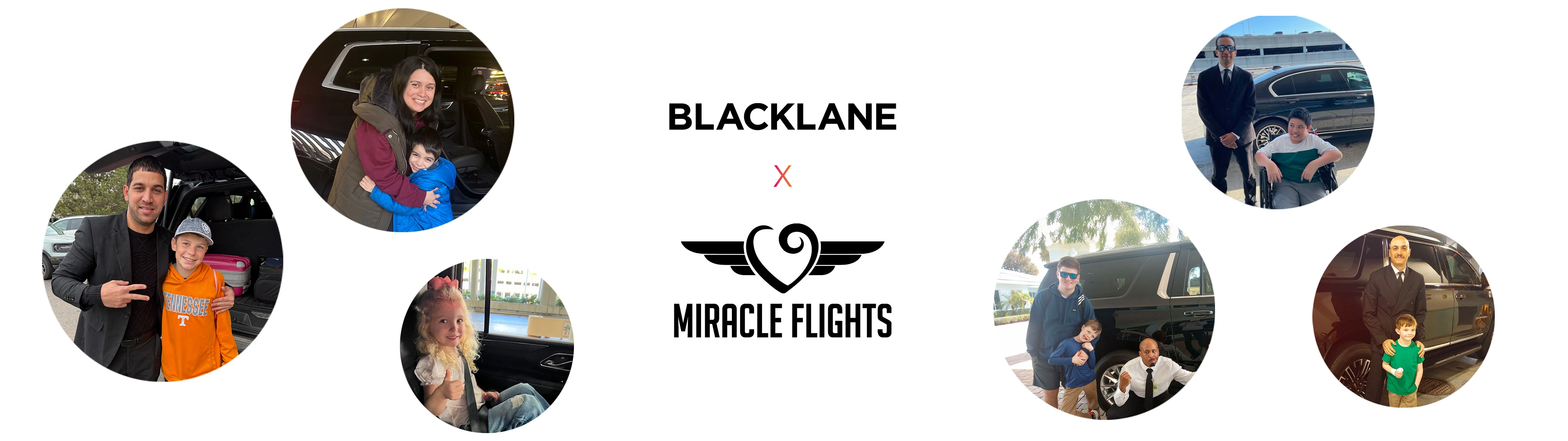 A collage of images showing Blacklane chauffeurs with children traveling for medical care.